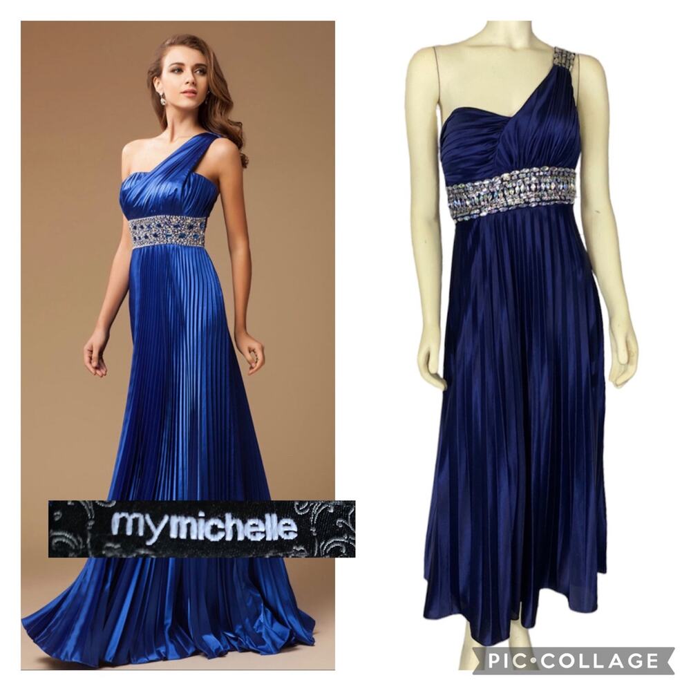 My Michelle Blue One Shoulder Ruched Formal Beaded Empire Waist dress size 13